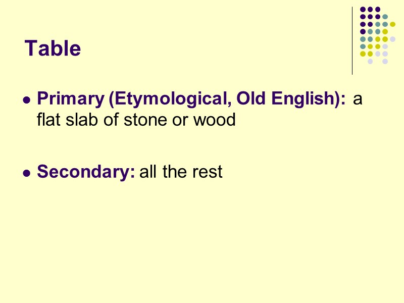 Table Primary (Etymological, Old English): a flat slab of stone or wood  